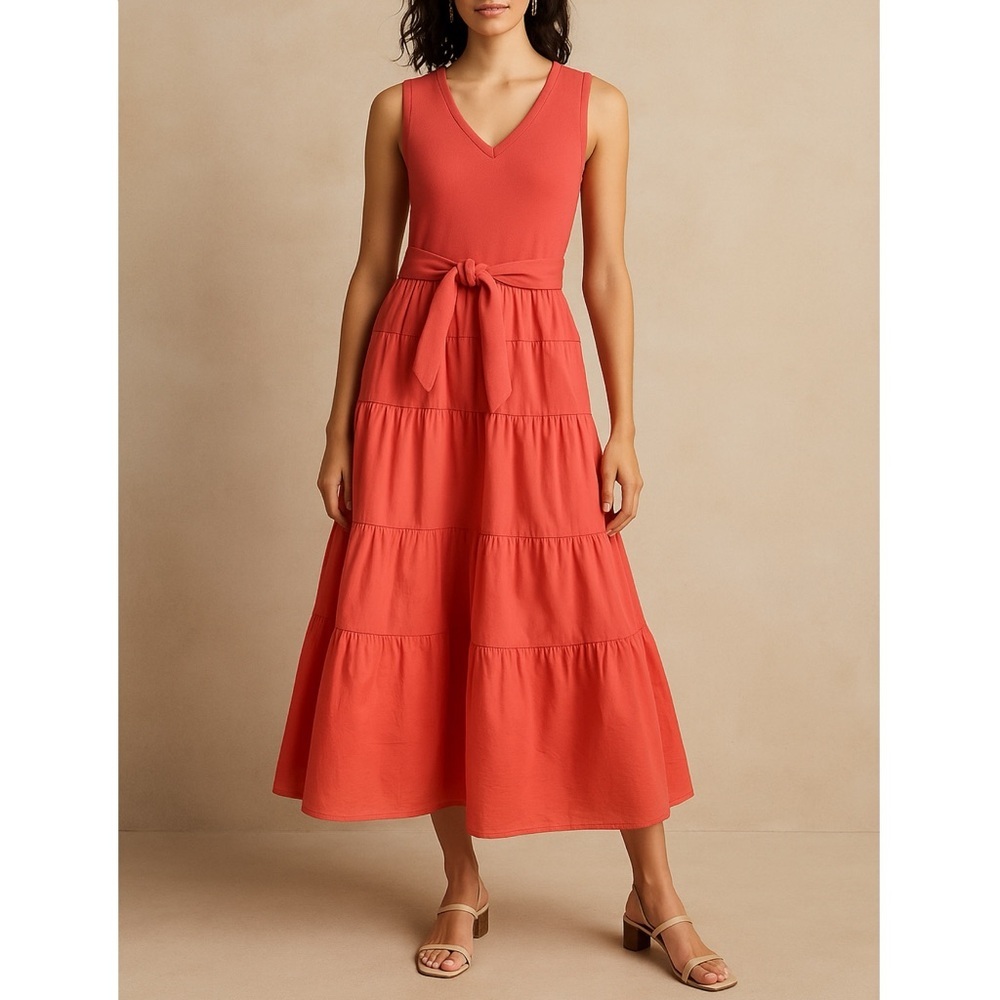Jason Wu Coral Sleeveless Knit Bodice Tiered Cotton Poplin Midi Dress XS